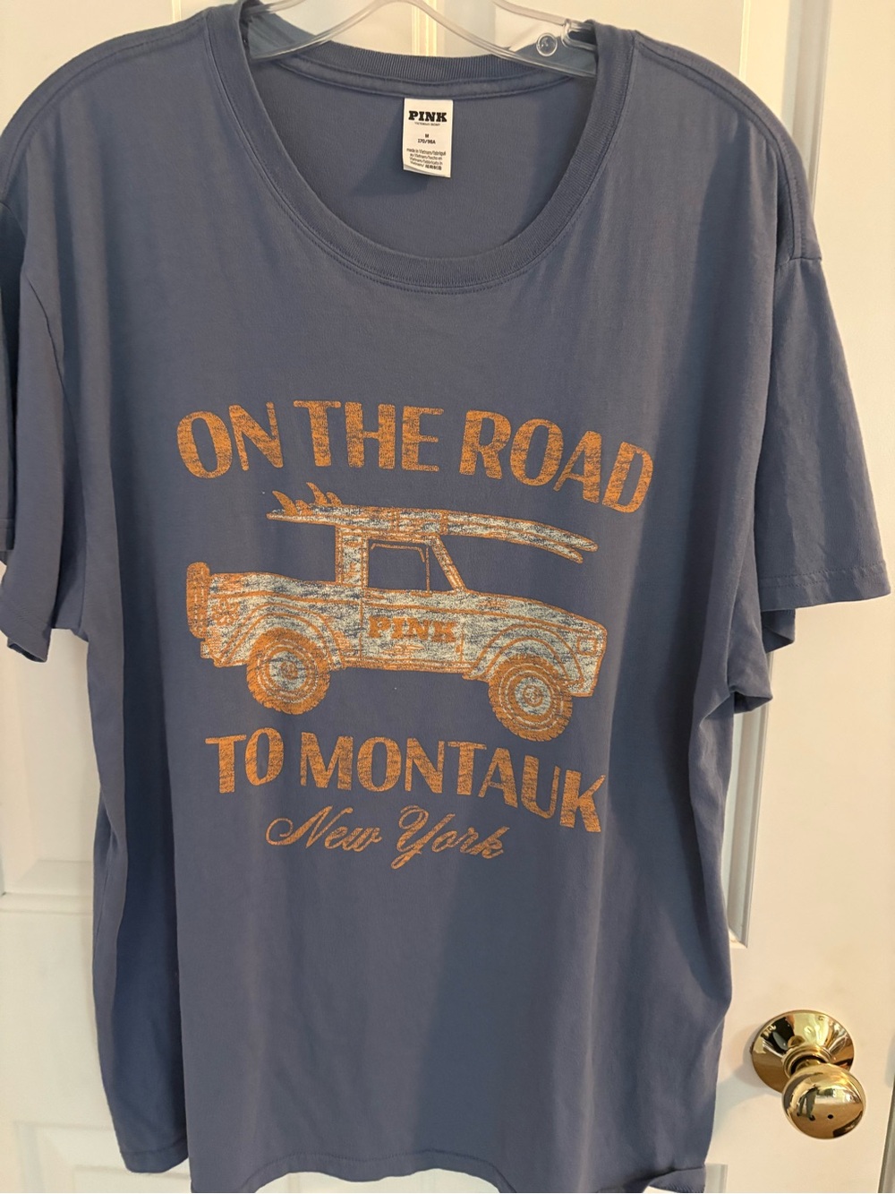 PINK Victoria's Secret Blue Graphic 'On The Road To Montauk' Short Sleeve Tee